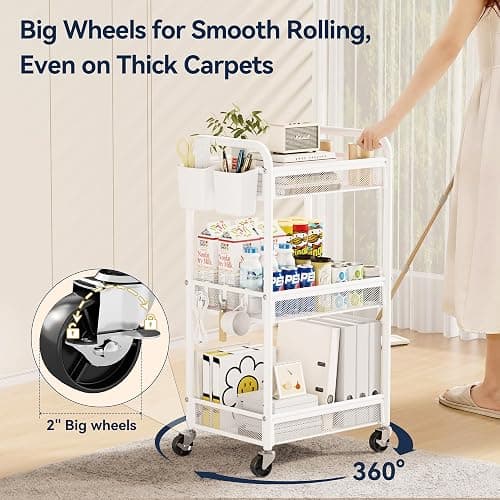 YASONIC 3 Tier Rolling Cart – Metal Utility Storage Carts with Wheels, Craft Carts Organizer with Hanging Cups, Hooks, Mesh Basket for Bedside Kitchen Office Art, White thumbnail 5
