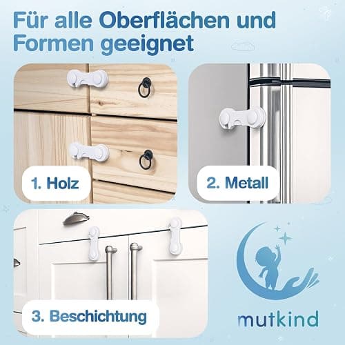 MUTKIND® 12 Stück Kindersicherung Schrank (Mit Kleber von TESA) - Extra Starker Halt - Schranksicherung Baby - Schubladensicherung für Schränke, Kühlschrank, Türen - Kindersicherung Schubladen Weiß thumbnail 6