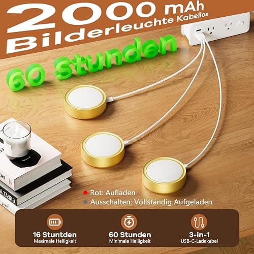 3 Stück Bilderleuchte Kabellos mit Fernbedienung, 2000mAh USB Aufladbar LED Dimmbar Bildbeleuchtung Kabellos, Magnetisch Wandlampe mit 3 Farbtemperaturen & Timer für Bilder GemäLde Kunst Wand (Gold) thumbnail 3