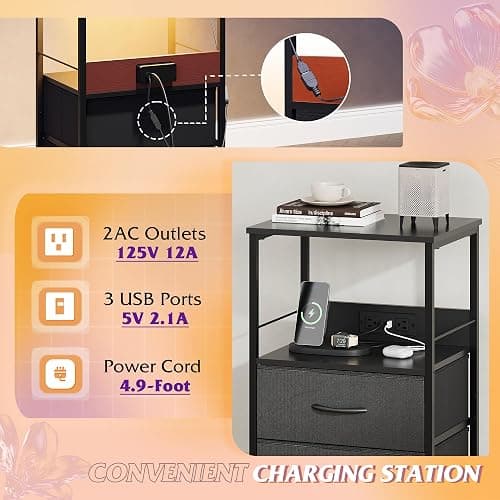 WLIVE LED Night Stand with Charging Station, Black Nightstand with 2 Fabric Drawers and Storage Shelf, Dorm Bedside Table End Table with 2 USB Ports and Outlets, Small Dresser for Bedroom thumbnail 5