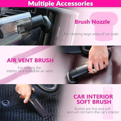 ThinkLearn Car Cleaning Kit, Car Vacuum Detailing Kit Interior with High Power Handheld Vacuum, Including 7Pcs Detailing Brush Set, Windshield Cleaner, Pink Car Accessories for Women thumbnail 3