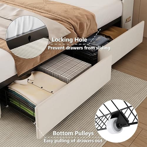 Etditrnp Queen Bed Frame with 4 Storage Drawers, LED Bed Frame with Charging Station, Velvet Channel Tufted Upholstered Headboard, Wood Slats Support Noise-Free, No Box Spring Needed, Beige thumbnail 4