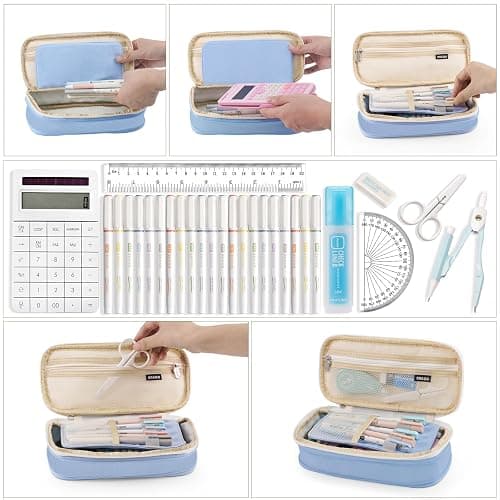 Koncci Large Pencil Case, Expandable Special Pencil Bag Double Zipper Blue | Stationery Storage Organizer Multiple Compartments Aesthetic Cute Pencil Pouch for School Office Kids Students thumbnail 3