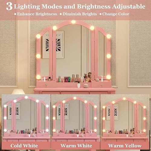 Phonrida Pink Makeup Vanity for Girls Vanity Desk with Mirror and Lights Girls Vanity Desk Vanity with Lights Make Up Vanity Set tocadores para maquillarse con Luces y cajones Vanity Table Set thumbnail 5