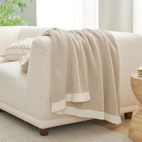 Amélie Home Waffle Throw Blanket for Couch, Soft Cozy Chenille Knit Blanket Warm Decorative Throw for Sofa, 50"x60", Beige thumbnail 6
