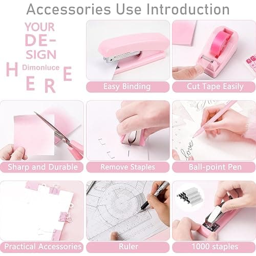 Pink Desk Accessories, Pink Office Supplies Accessories with Tape Dispenser, Stapler, Staple Remover, 1000 Staples, Tape, Clips Set, Ruler, Scissor, Pen thumbnail 5