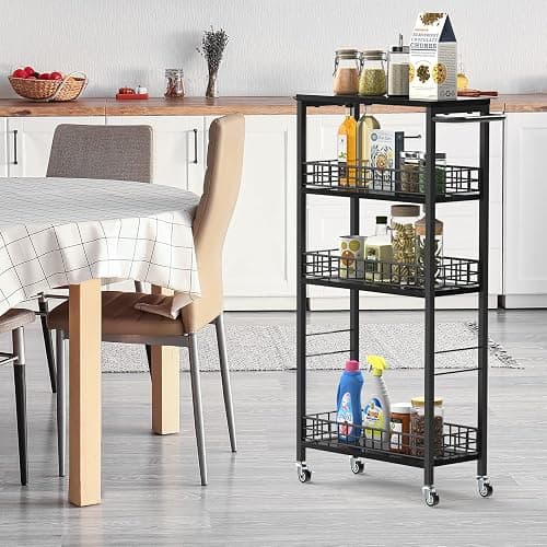 Slim Storage Cart 4 Tier Rolling Kitchen Cart Utility Serving Cart Laundry Room Narrow Cart with Handle Mobile Sheving Unit Organizer Wood Rolling Storage Cart for Bathroom Small Spaces, Modern Black thumbnail 5