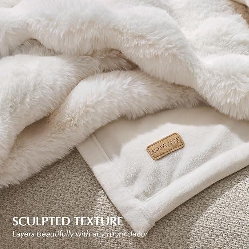 EverGrace Ultra Soft Luxury Fluffy Faux Rabbit Fur Throw Blanket, Thick Warm Bubble Throw for Bed, Cozy Plush Reversible Blankets for Couch, Chair, Sofa, Ivory White, 60x80 Inches thumbnail 5