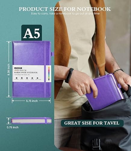 Ansopu Lined Journal Notebook for Writing, A5 100 GSM Thick Paper, Leather Hardcover Journal for Woman Men, Travel Journal Diary 160 Pages(5.75'' X 8.38''Purple) thumbnail 2