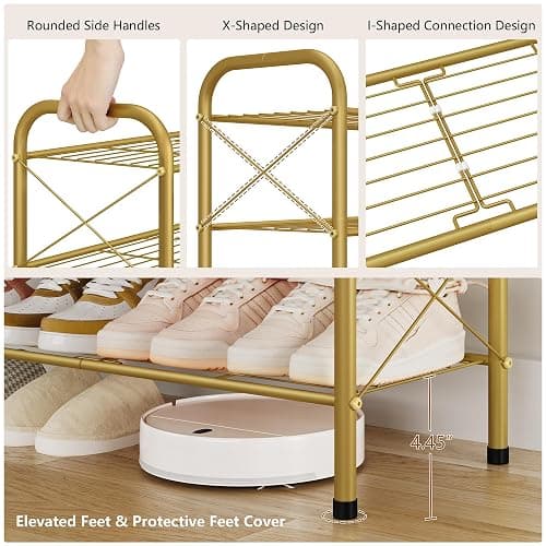 Hoctieon 2 Tier Shoe Rack for Closet, Durable Mesh Style Shoe Rack, Entryway Shoe Shelf, Shoe Storage Organizer for Hallway, Bedroom, Living Room, Wardrobe, Gold thumbnail 7