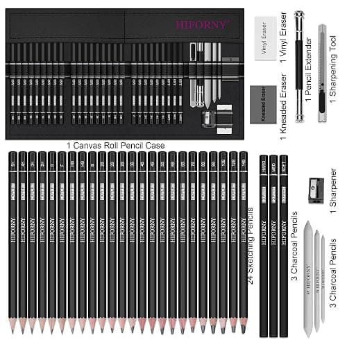 HIFORNY 36 PCS Sketching Drawing Pencil Set,Sketch Pencils Art Supplies with Graphite,Charcoal,Blending Tools,Accessories,Drawing Kit for Adults Artists in Canvas Roll Up Case thumbnail 3