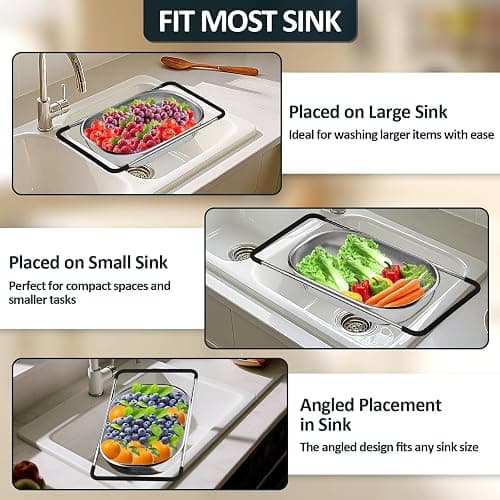Over the Sink Colander - Strainers and Colanders - Sink Strainer Basket - Expandable Fine Mesh Strainer with Rubber Grip for Veggie, Fruits, Pasta, Home Kitchen Essentials (9.5W x 13.4-21.3L x 3.3H) thumbnail 5