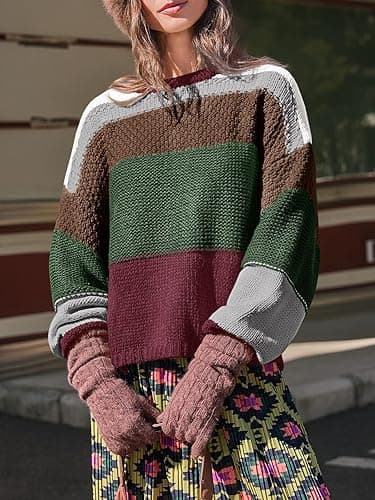 Saodimallsu Womens Color Block Cropped Sweaters 2025 Winter Trendy Casual Oversized Y2k Going Out Striped Pullover Tops thumbnail 4