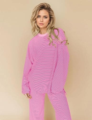 MISSACTIVER Women's 2 Piece Striped Lounge Set Long Sleeve Oversized T-Shirt Wide Leg Pants Matching Pajamas Set thumbnail 2