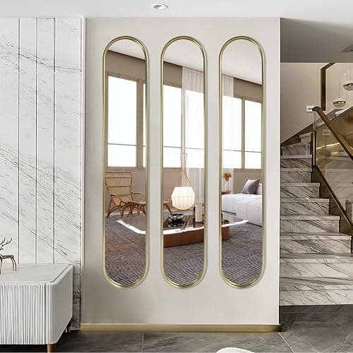 OUSHUAI Gold Tall Mirror,Narrow Capsule Long Mirrors with Metal Frame for Entryway,Hallway,Living Room 44"X8" (3pcs) - Image 1