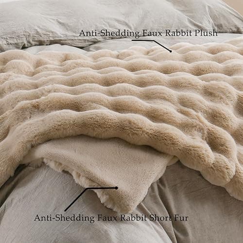 BENVWE Faux Fur Throw Blanket for Couch Bed - Fluffy Soft Thick Bubble Blanket for Living Room Home Decor - Mothers Day Birthday Gifts for Women, Beige, 63" x 80" thumbnail 6