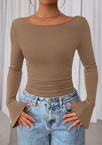 PRETTYGARDEN Womens Long Sleeve Shirts 2026 Spring Crop Going Out Tops Casual Boat Neck Bell Sleeve Ribbed Ruched Y2K Clothes thumbnail 7