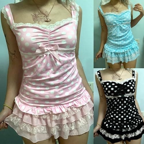 Women Grunge Coquette Tops Y2K Cute Core Vintage Aesthetic Fairy Shirts 2000s Lace Trim Tank Top Downtown Girl Clothes thumbnail 6