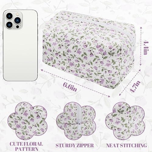 dark swan Cotton Quilted Makeup Bag, Cute Pouch Toiletry Bag Cosmetic Bag Quilted Floral Organizer Bag Travel Coquette Aesthetic Portable Storage Zipper Purse for Women (Purple) thumbnail 3