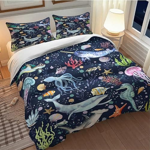 Lnepty Kids Shark Bedding Set,Cartoon Sea Underwater Ocean Whale Turtle Seaweed Blue Funny Marine Animal Kids Toddler Comforter Set with Pillowcase for Bedroom Bed Decor,Twin 86"x70" thumbnail 3