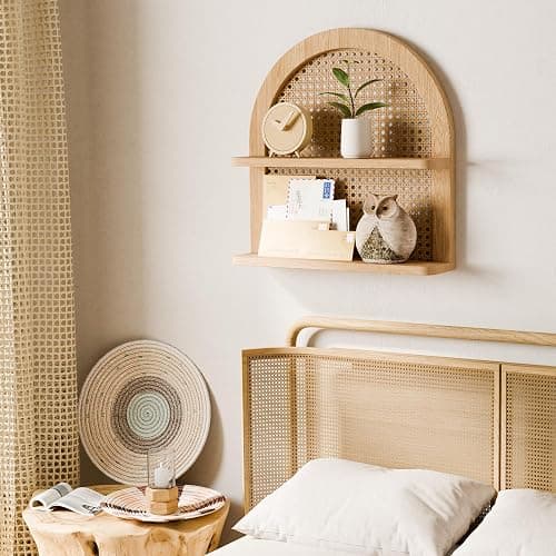 Eostbe Rattan Wall Shelf Boho Nursery Decor - 2-Tier Arched Woven Natural Wood Wicker Wall Shelf, 16''L Neutral Handcrafted Rattan Nursery Shelf, Decorative Shelf for Living Room,Bedroom & Bathroom thumbnail 5
