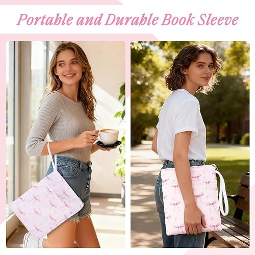 Book Sleeve with Zipper, 11''x 9'' Waterproof Paperback Sleeve for Book Lovers Books Pouch Cover with Handle for Hardcovers Kindle Sleeve for Reader Teacher Women (Light pink bow tie, 11x 9 inch) thumbnail 6
