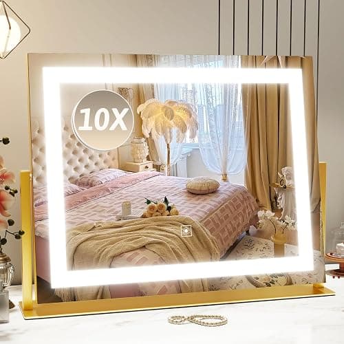 ROLOVE Vanity Mirror with Lights 22"x18", Lighted Makeup Mirror with 10X Magnification, Smart Touch 3 Colors Dimmable, 360° Rotation, Women Gift, Dresser Mount, Bathroom (Gold) - Image 1