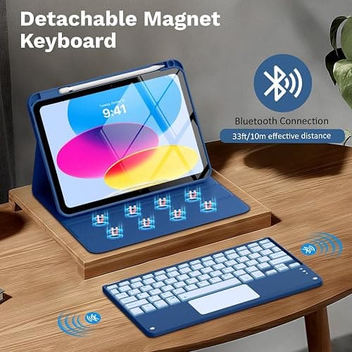 MoKo Touch Keyboard Case for iPad (A16) 11th Generation 11 inch 2025, iPad 10th Generation 10.9 inch Case with Pencil Holder, 7 Colors Backlit Multi-TrackPad Detachable Bluetooth Keyboard, Navy Blue thumbnail 4