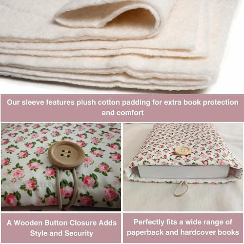 Zosiana Designs Floral Book Sleeve - Elegant Book Cover with Wooden Button, Cotton Padded Protector for Paperbacks & Hardcovers, Ideal for Book Lovers, Durable Design (White & Roses, Large) thumbnail 6