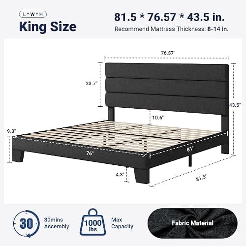 Allewie King Size Platform Bed Frame with Fabric Upholstered Headboard Gray | Wooden Slats Support, Fully Upholstered Mattress Foundation, No Box Spring Needed, Easy Assembly, Noise-Free, Dark Grey thumbnail 2