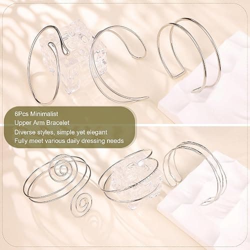 Vegolita 6Pcs Boho Coil Arm Cuff Bangle Set - Adjustable Minimalist Open Arm Cuff Armlet Armband thumbnail 3