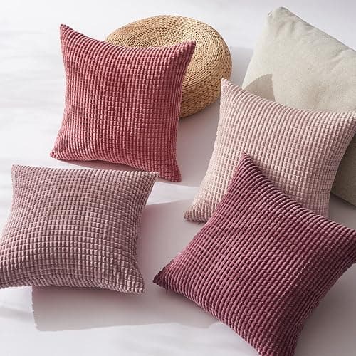 Topfinel Aesthetic Pink Room Decor Throw Pillows Covers for Couch Living Room Bedroom, Coquette Room Decorative Fluffy Corduroy Cushion Cover 18x18 Inch Set of 4 (Blush/Rose/Hot Pink) thumbnail 4