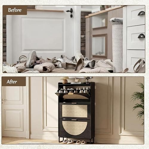 BonVache Rattan Shoe Storage Cabinet Black with Adjustable Shelves, Storage Unit for Hallway, Wooden Shoe Organiser with 3 Flip Drawers, Entryway and Living Room thumbnail 5