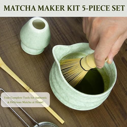5 PCS Matcha Set Whisk and Bowl Kit, Matcha Tea Set Include Ceramic Bowl, Bamboo Spoon, Sifter, Bamboo Whisk and Holder, Matcha Making Kit for Traditional Japanese Tea Ceremony, Matcha Tea Set Gift thumbnail 3