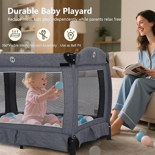Kinder King 4 in 1 Foldable Pack and Play with Bassinet & Changing Table, Portable Playard for Babies and Toddlers, Adjustable Canopy, Storage Bag, Light Gray thumbnail 3
