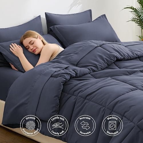 Love's cabin Full Comforter Set Indigo Blue, 7 Pieces Full Bed in a Bag, All Season Bedding Sets with 1 Comforter, 1 Flat Sheet, 1 Fitted Sheet, 2 Pillowcase and 2 Pillow Sham thumbnail 3