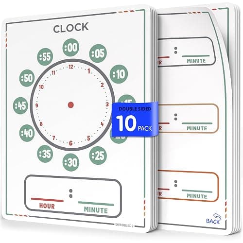 Scribbledo 10 Pack Telling Time Teaching Sheets - 9'x12' Dry Erase Learning Clocks for Kids Homeschooling Supplies - Image 1