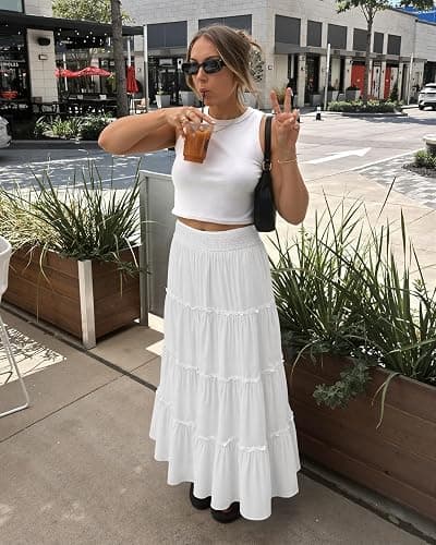 LUXVEER Women’s Summer Boho Maxi Skirts Smocked High Wasited Flowy Tiered Ruffle A Line Long Beach Skirt thumbnail 6
