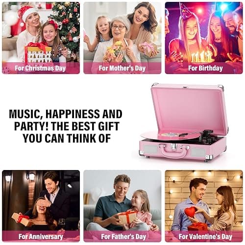 Vinyl Record Player 3-Speed Bluetooth Suitcase Portable Belt-Driven Record Player with Built-in Speakers RCA Line Out AUX in Headphone Jack Vintage Turntable,Pink thumbnail 7