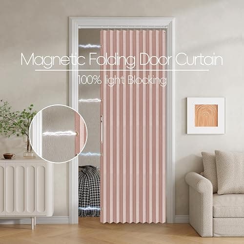Jilron 100% Blackout Fabric Folding Door Curtain with Magnetic Closure - Accordion Style for Sliding Doors, Closets,Wardrobe and Temporary Door Solutions Doorway Curtains（W42 x L78, Pink，1 Panel） thumbnail 3