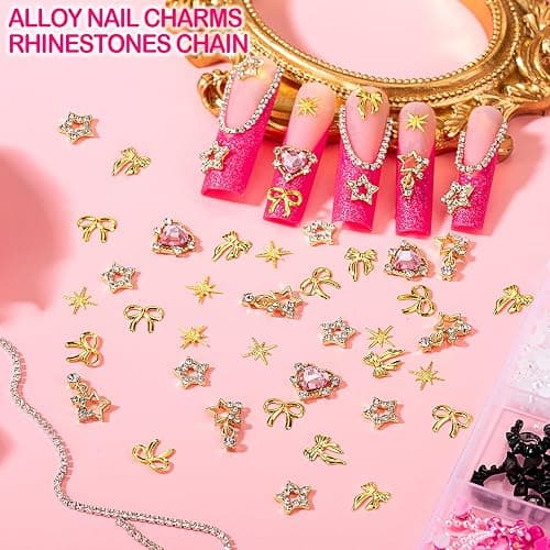 8000pcs 3D Nail Charms and Nail Gems, Cute Nail Rhinestones and Charms Y2K for Nails Nesign, Variety Butterfly Bow Moon Star Flower Junk Case Charms Gold Pearls Nail Jewels for Nail Art Decorations thumbnail 5