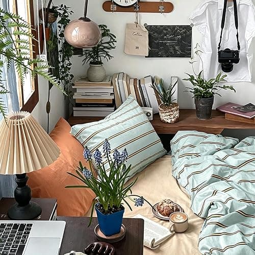 mixinni Retro Mint Blue Striped Duvet Cover Set - 100% Natural Cotton 3-Piece Vintage Stripes Pattern Printed Bedding Set, Soft Breathable Comforter Cover with Zipper Closure & Corner Ties, Full Size thumbnail 4