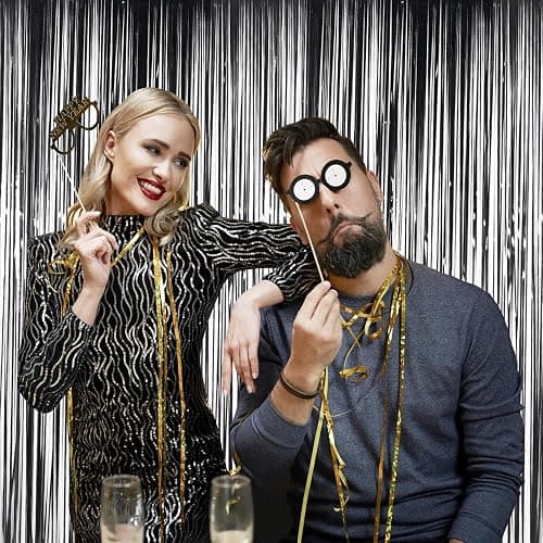 Black Tinsel Fringe Backdrop Curtains for Parties, Melsan 3.2 x 8 ft Black Streamer Photo Backdrop for Birthday, Graduations, New Year Eve Party Decor - Pack of 2 thumbnail 4