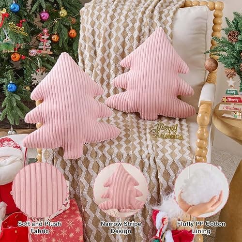Lanpn Christmas Tree Pillows Set of 2, Christmas Decoration Narrow Stripes Winter Throw Pillow Soft Cute 3D Shaped Xmas Tree Throw Cushion for Sofa Bedroom Xmas Decor (18x16 inch, Pink) thumbnail 2
