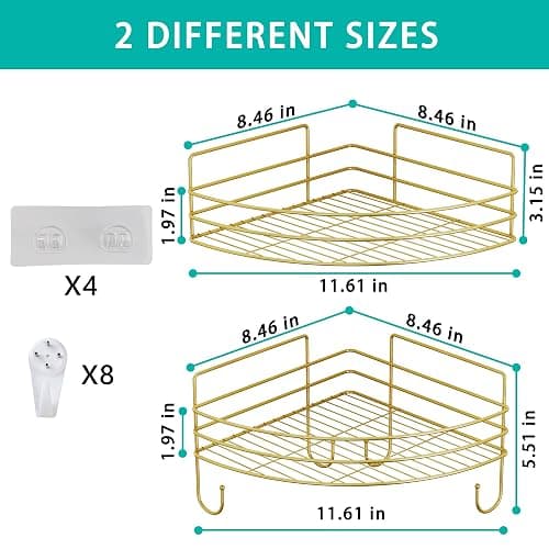 Corner Shower Shelves with 4 Hooks, 2-Tier Stainless Steel Bathroom Shower Organizers, Wall Mounted Caddy Shelves No Drilling with Adhesive, Triangle Storage Shelf for Toilet, Dorm and Kitchen, Gold thumbnail 2
