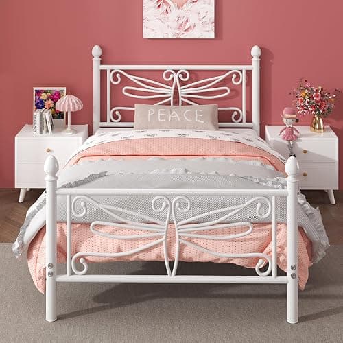 E-Ser Twin Size Bed Frame, Metal Platform Bed Frame with Dragonfly Pattern Headboard and Footboard, Strong Metal Slats Support, No Box Spring Needed, Easy Assembly, Noise-Free, White - Image 1