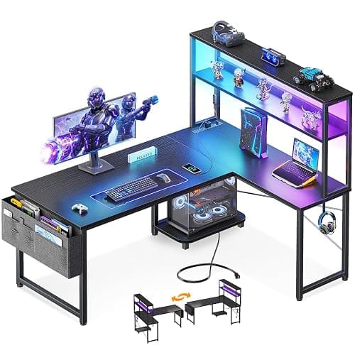 ODK 43" L Shaped Gaming Desk with Shelves, LED & Outlets, Black | Reversible L-shape. LED gaming lights & USB. Headset hook & storage bag. Fits dorms, small bedrooms & compact apartments. - Image 1