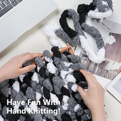 Cozyful Chunky Yarn for Hand Knitting - #10 Chunky Chenille Blanket Yarn, Jumbo Big Thick Chunky Yarns for Crocheting, Tie Dye Bulky Knit Yarns, 8 Skein (25 yds 8 oz Each Skein), Black & Grey & White thumbnail 6