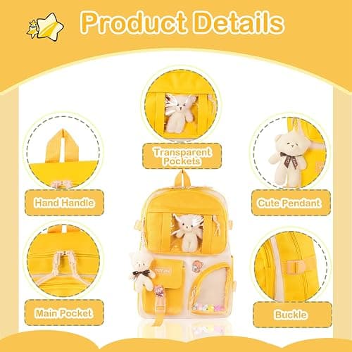 Lifelix Kawaii Backpack for Girls 5 Pcs School Bookbag Cuet Kids Schoolbag with Accessories Crossbody Bags Pencil Case Handbag Coin Purse (Yellow) thumbnail 6