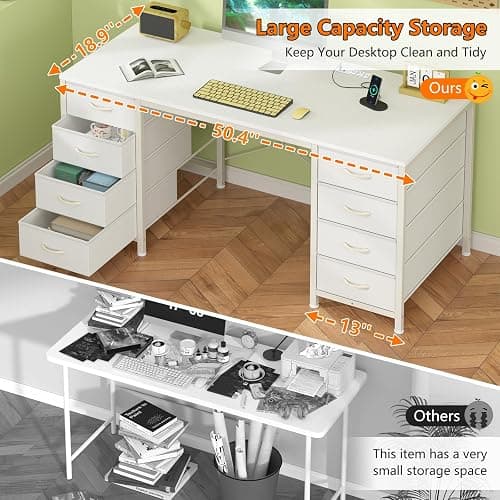 50 Inch Computer Desk with 8 Drawers for Home Office, Bedroom, Living Room | Home Office Desk with Power Outlets, Work Study Gaming Desk with 8 Fabric Drawers, Vanity Desk for Bedroom thumbnail 5